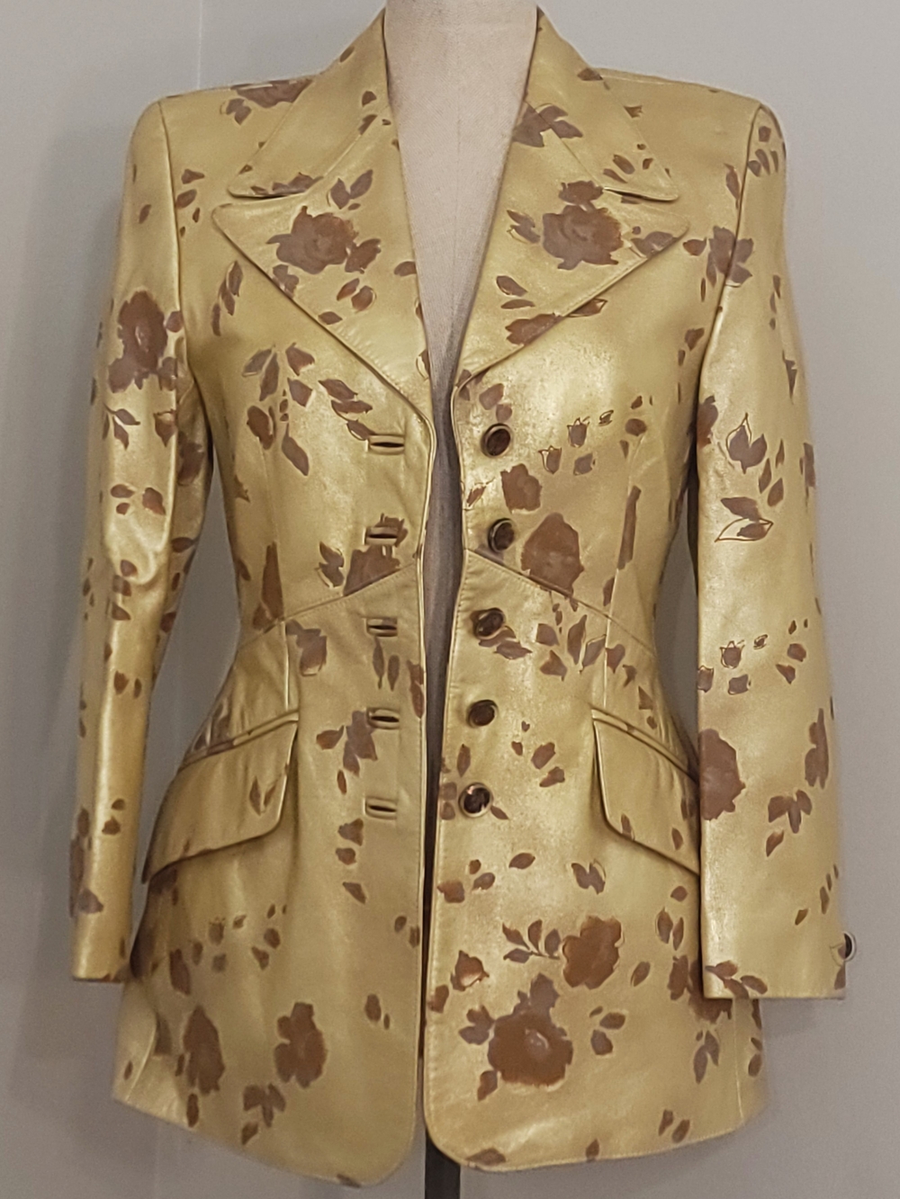 RARE Vintage Escada Margaretha Ley Gold Metallic Floral Leather Blazer Jacket 34